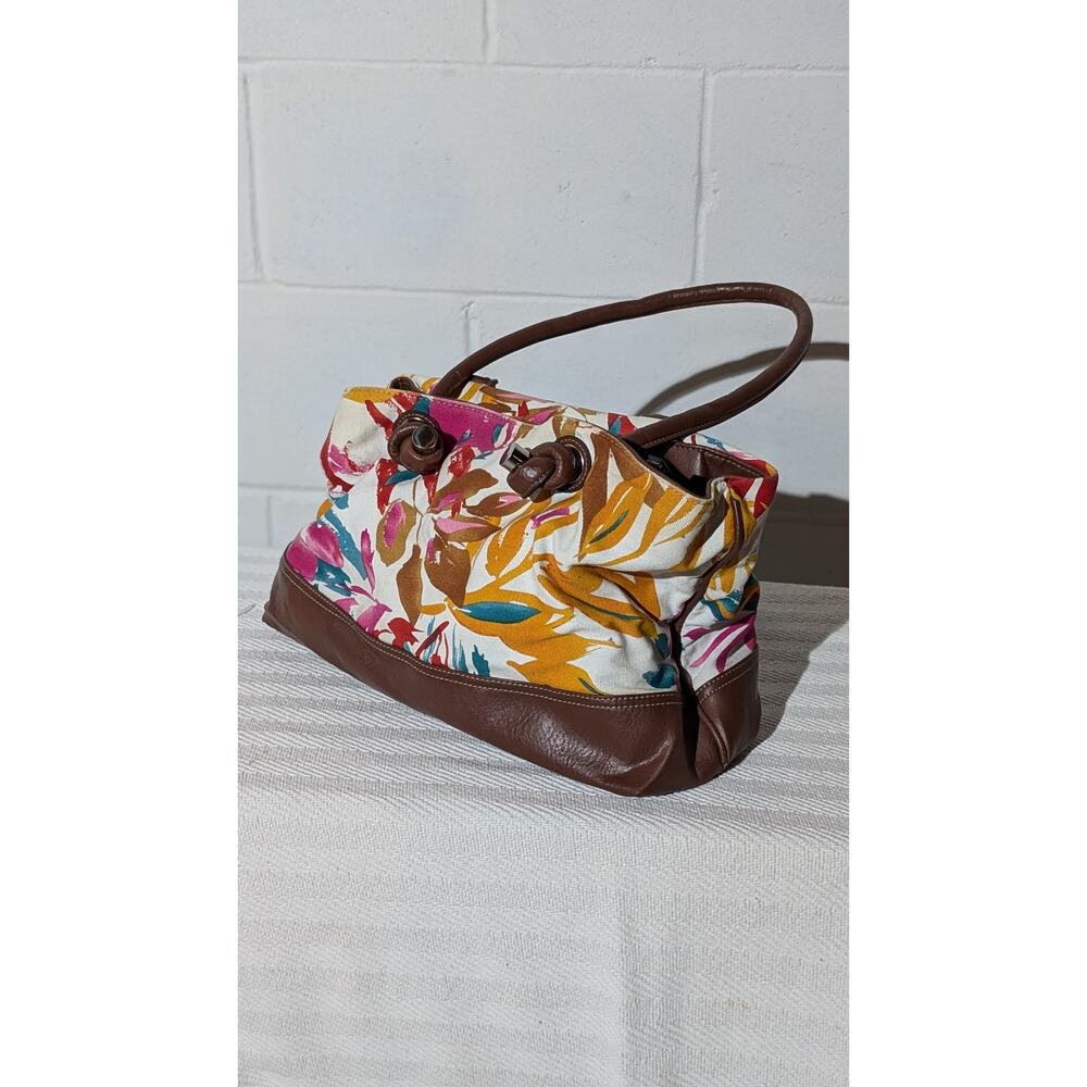 Merona Floral Print Satchel Handbag Brown Faux Leather Trim Shoulder Bag Purse - Picture 3 of 9